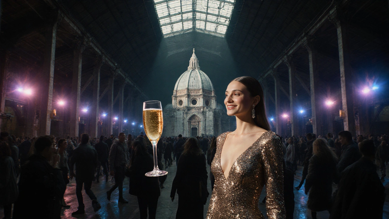 Vast industrial party space with pulsing lights and champagne floating mid-air above dancers.
