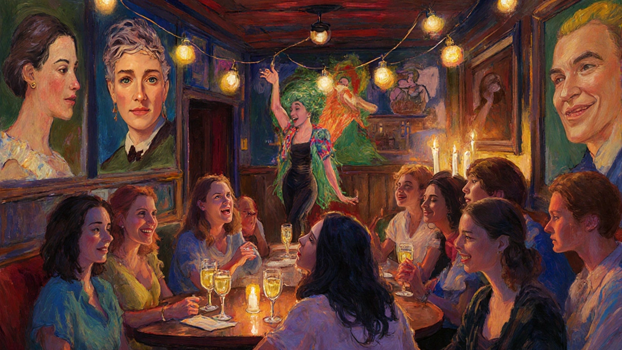 Vibrant interior of Le Depot bar with diverse patrons laughing over wine, drag performer on stage under warm lighting.