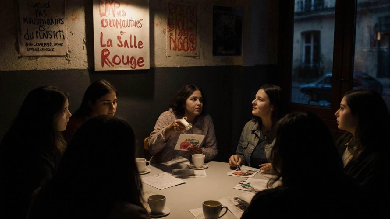 Women gather in a warm-lit community center in Belleville, talking openly about sexual health and pleasure.