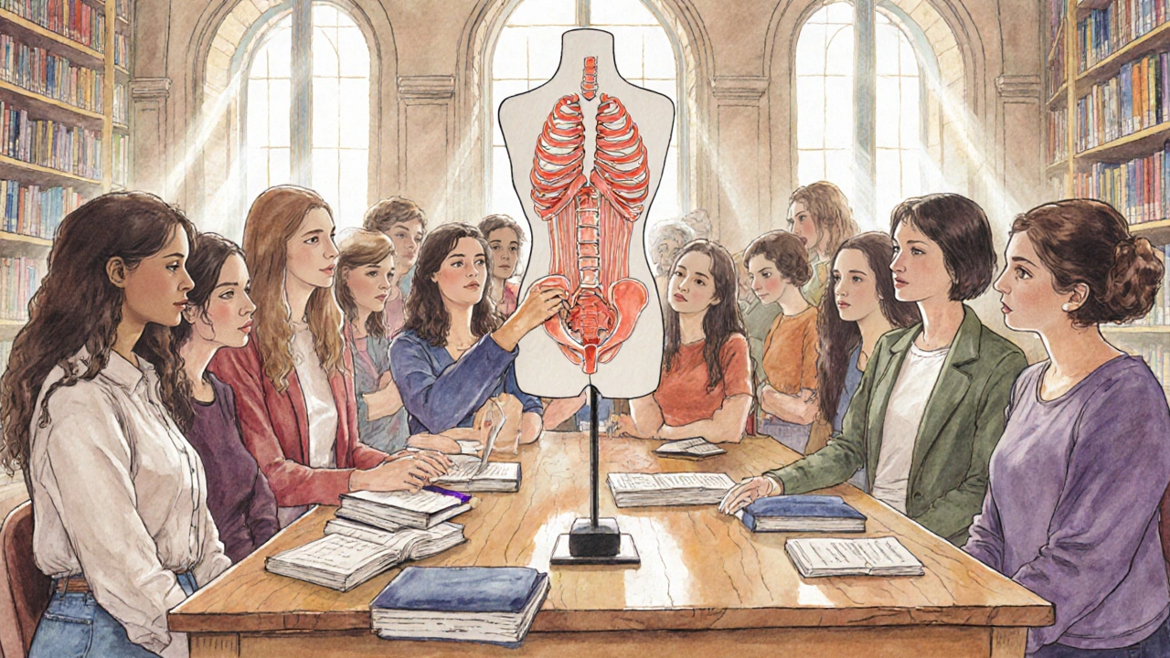 Women learning about female anatomy in a crowded Paris library workshop.
