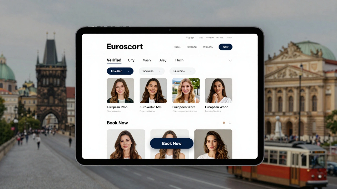 A clean website interface showing verified European escort profiles with city and language filters.