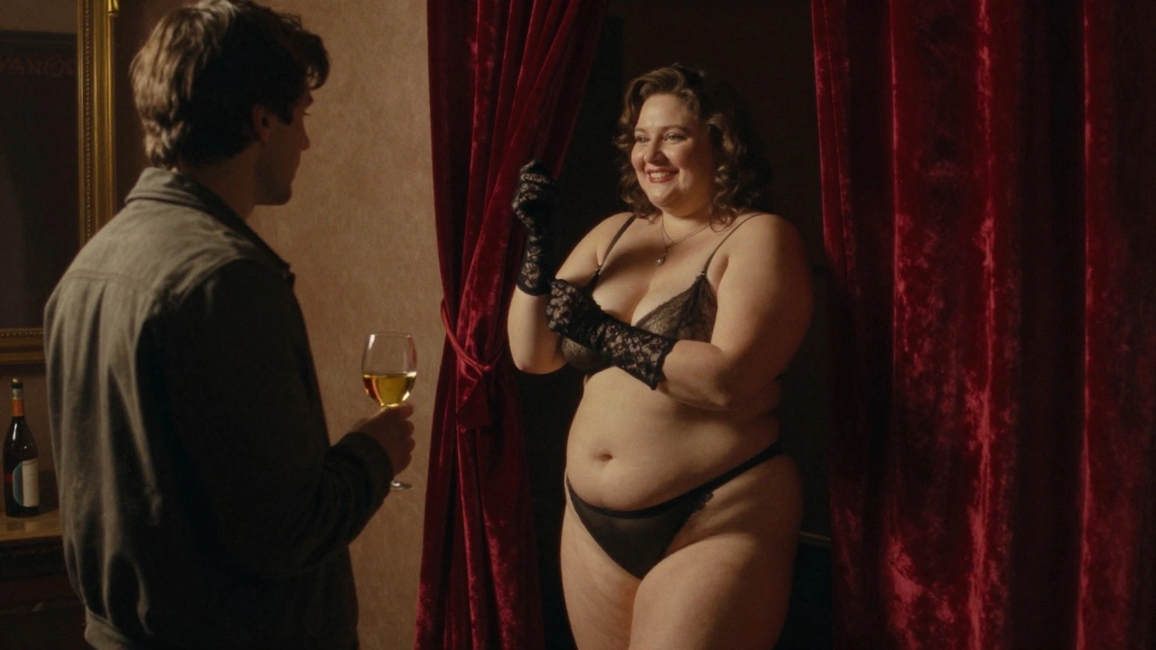 A confident woman in a private Prague club room, smiling warmly beside a man holding wine.