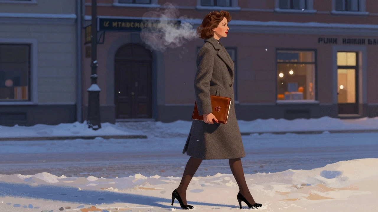 A confident woman walks through a snowy Riga street at dusk, coat tailored, holding a leather folder.