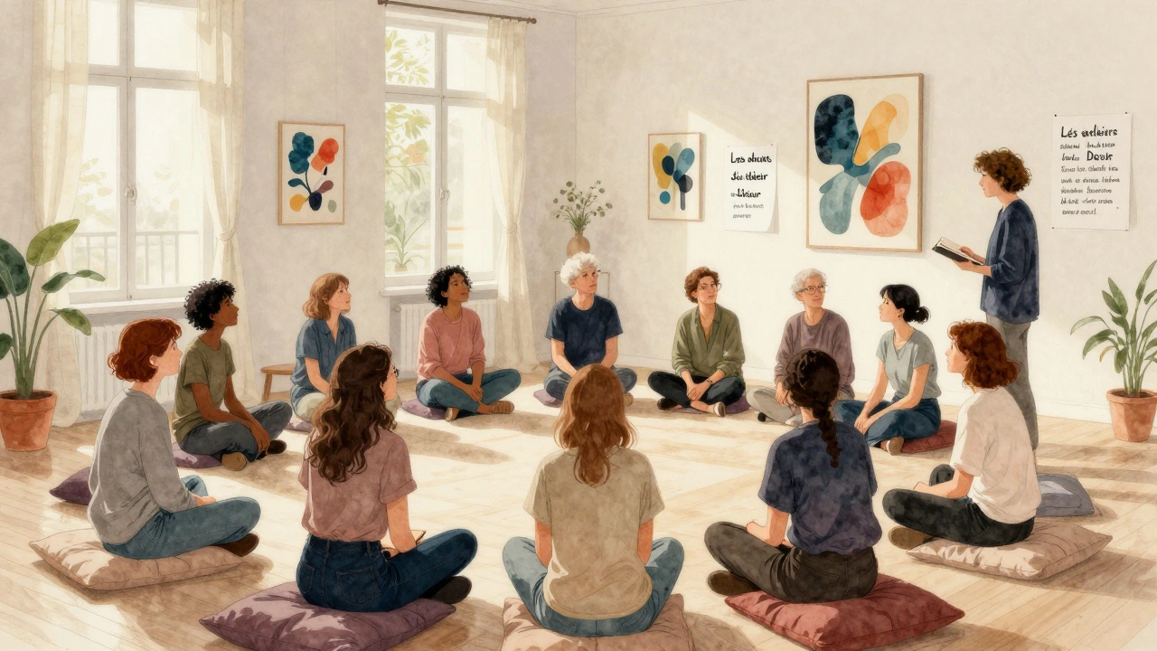A consent workshop in a sunlit studio, people sitting in a circle listening to a facilitator.