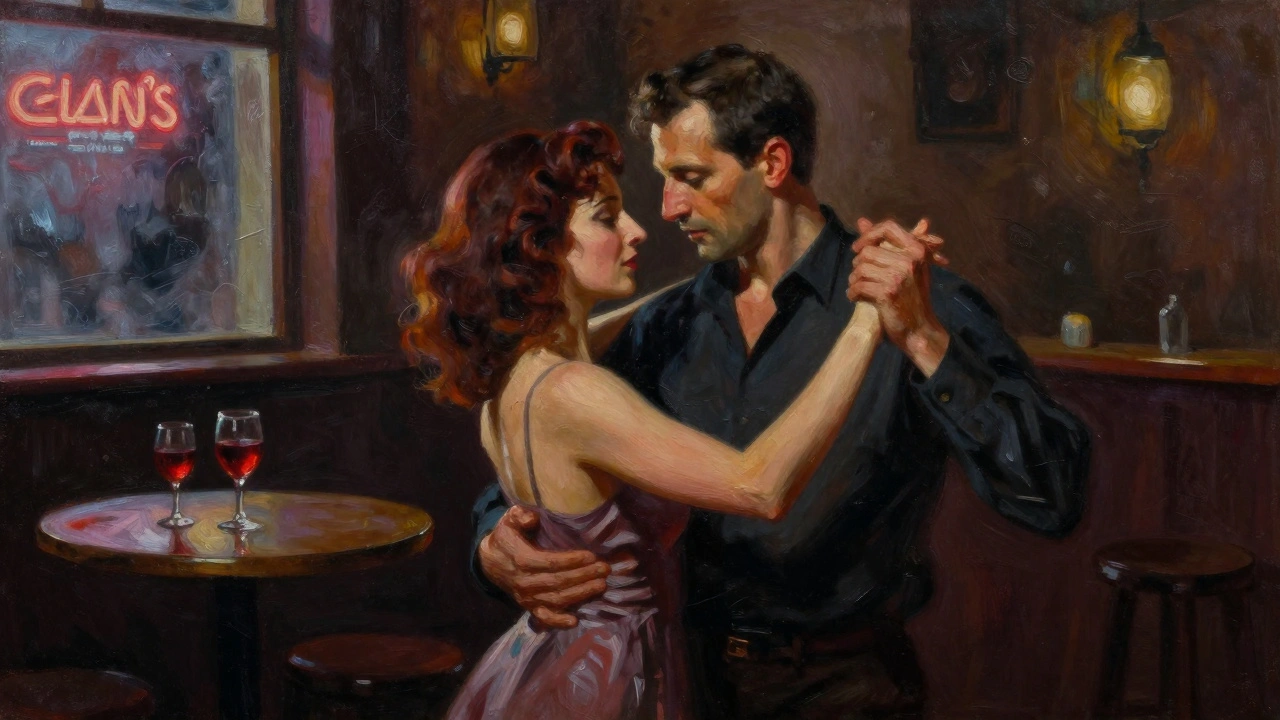 A couple dancing in a dim Belgrade basement bar, bathed in warm, intimate lighting.