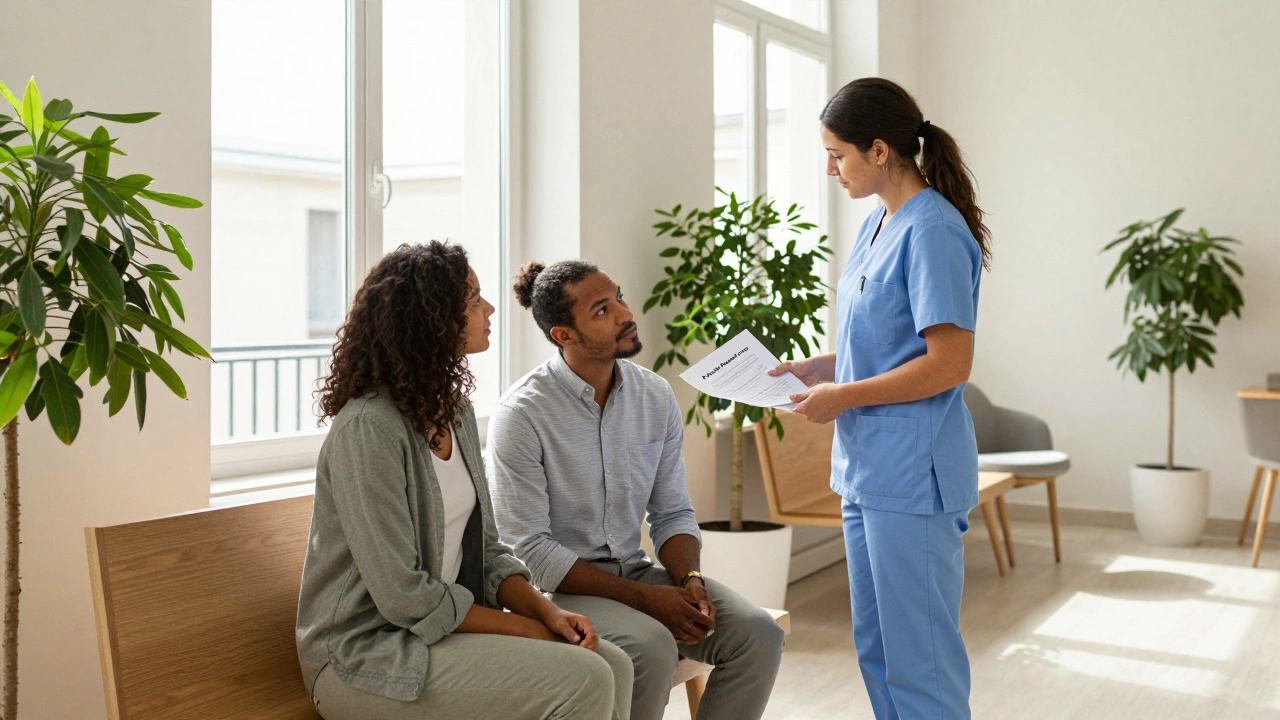 A couple receives a fertility consultation folder at Hôpital Cochin in Paris.