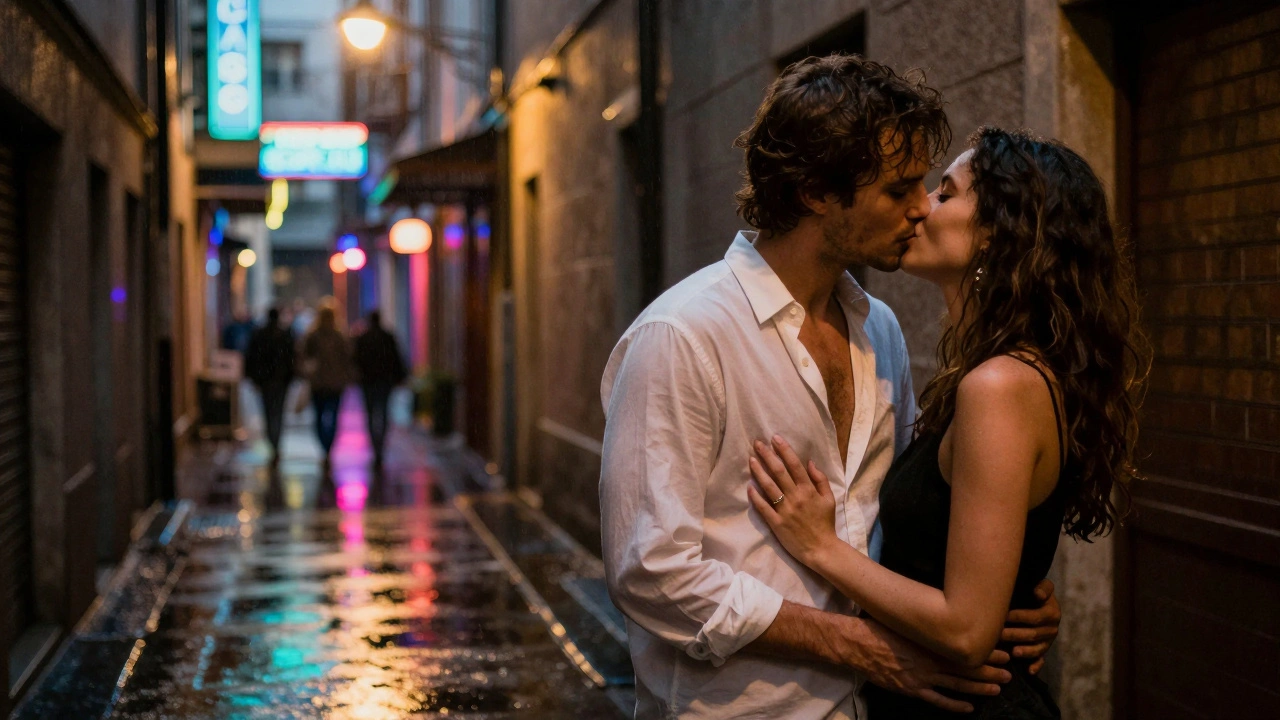 A couple shares a quiet kiss in a rain-drenched alley behind a Milan nightclub at dawn.