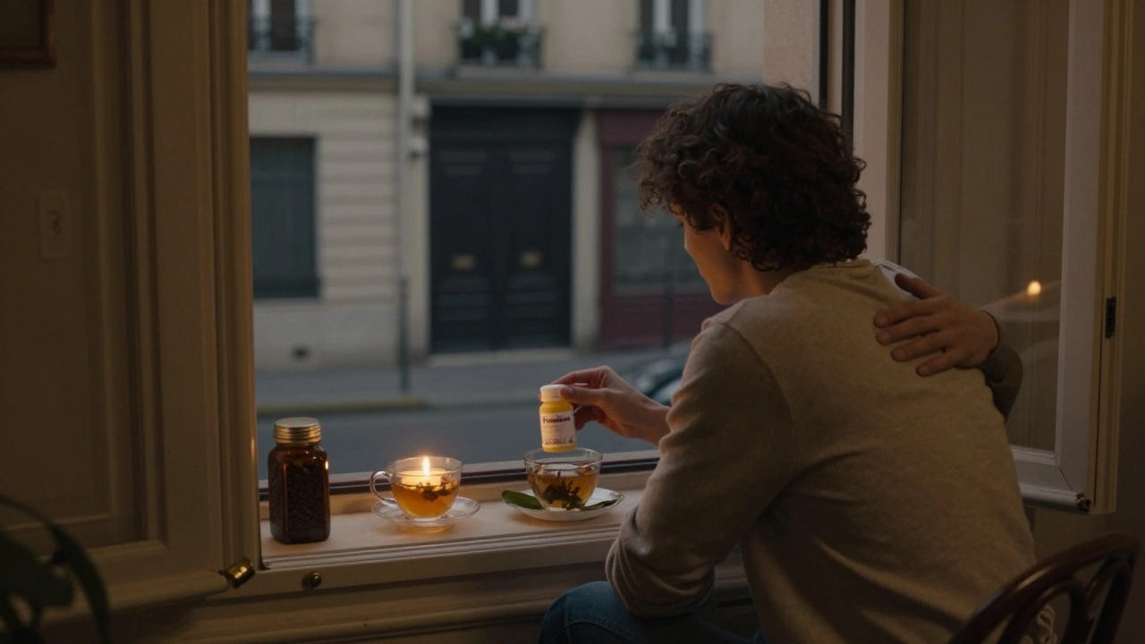 A couple shares herbal tea in a quiet Paris apartment, holding prenatal vitamins.