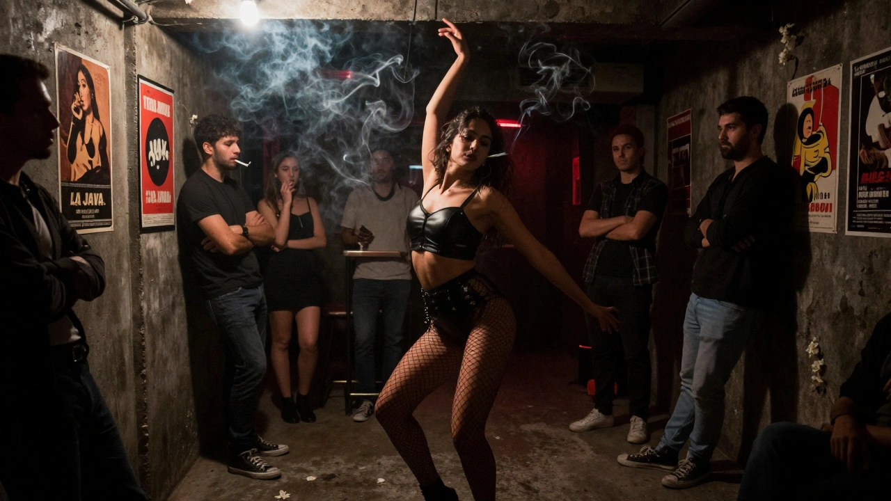 A dancer in fishnets and leather corset moving under strobe lights in a hidden basement club.