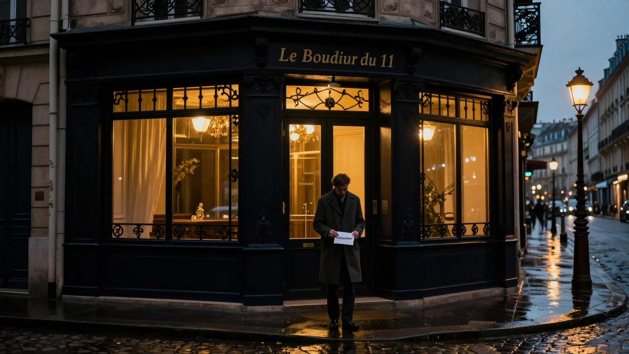 A discreet boutique entrance at night, a person pauses with an orientation envelope under glowing streetlights.