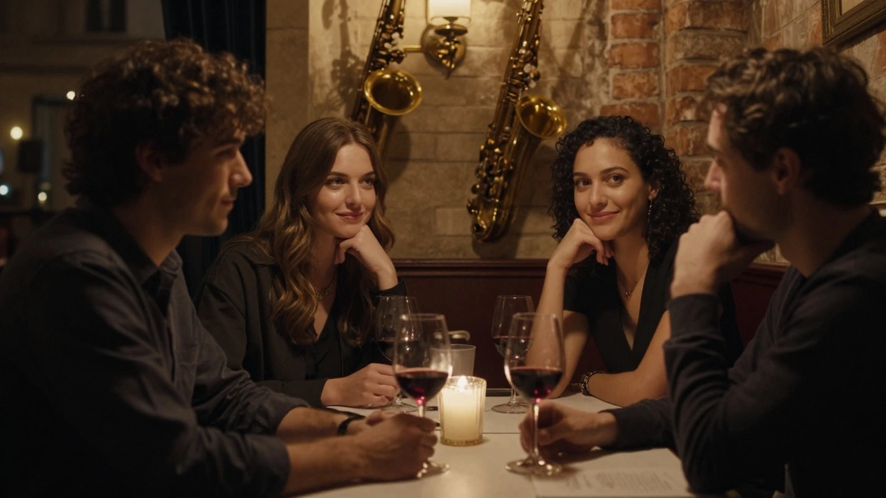 A group in a Paris jazz bar sharing a moment of verbal consent under soft candlelight.