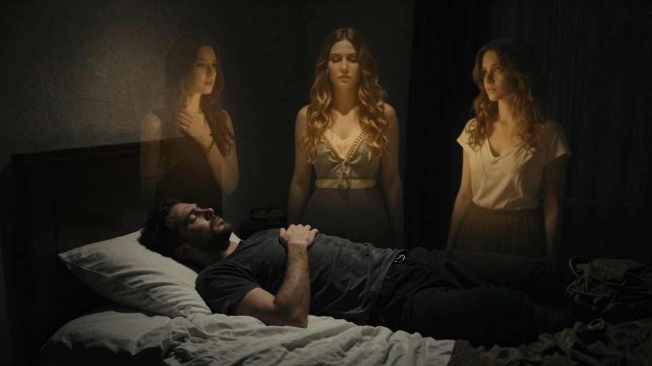 A man alone in bed, surrounded by faint glowing silhouettes of women representing a powerful memory.