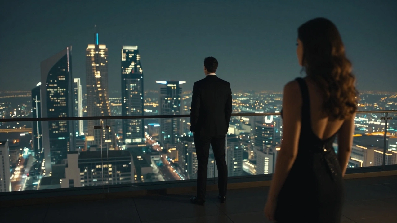 A man and woman on a rooftop club overlooking Abu Dhabi’s glowing cityscape at night, elegant and silent.
