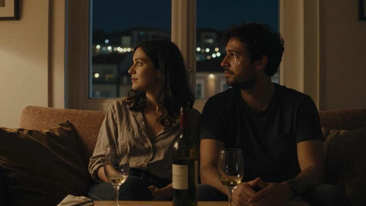 A man and woman sit quietly together in a Lisbon apartment, gazing at city lights at night.