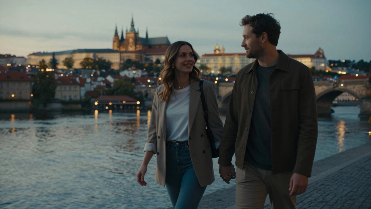 A man and woman walk peacefully along the Vltava River in Prague at twilight, city lights reflecting.