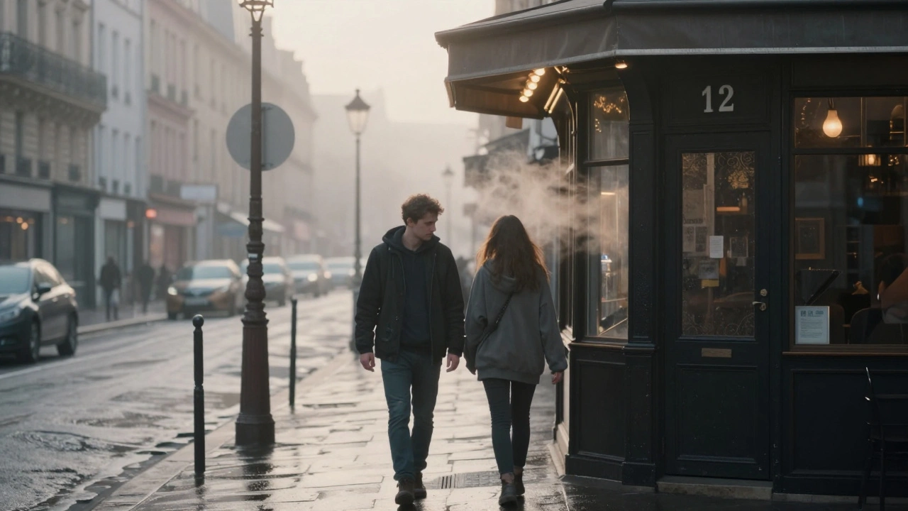 A man and woman walk side by side in the early morning rain, their hands nearly touching.
