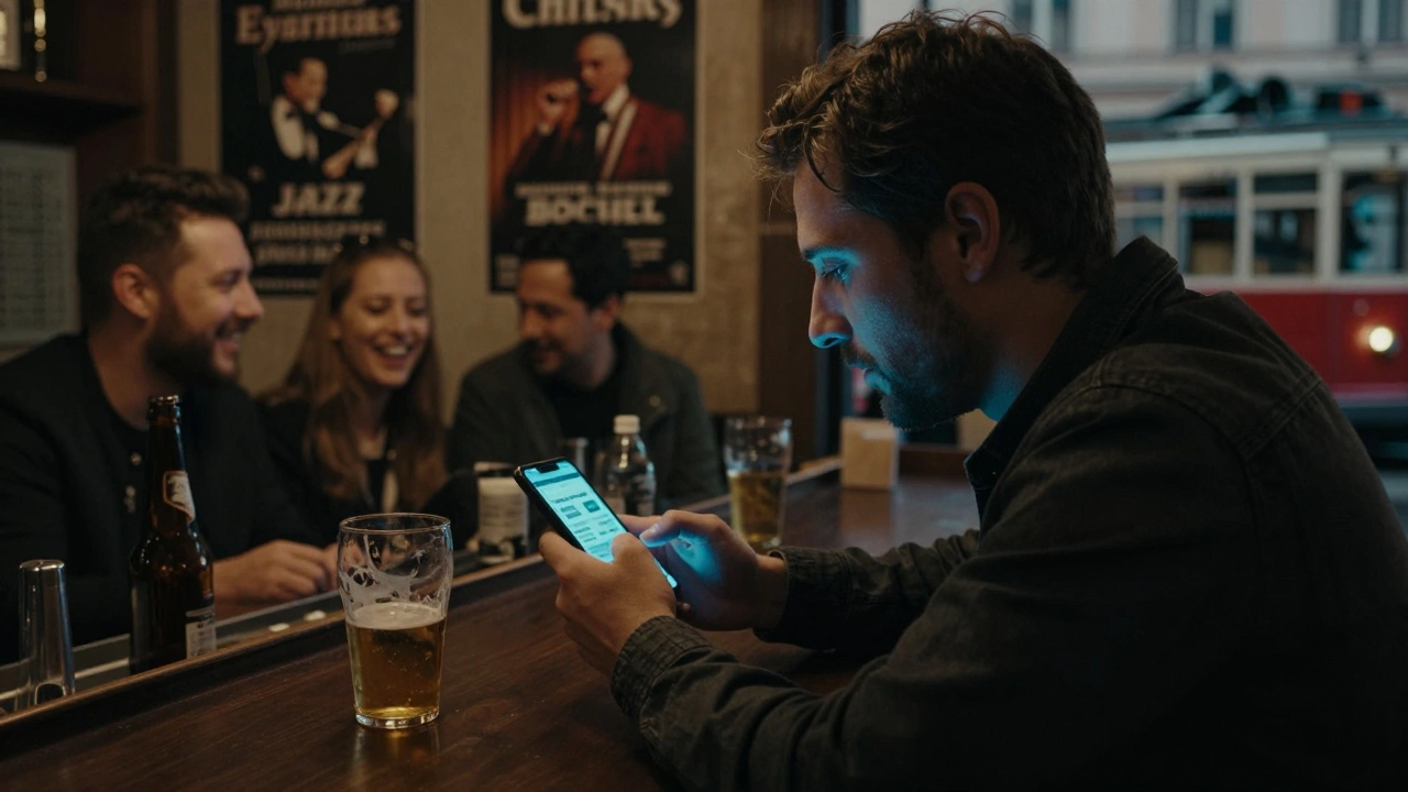A man browses verified escort profiles on his phone in a Budapest bar, surrounded by local life, dim lighting, authentic urban setting.