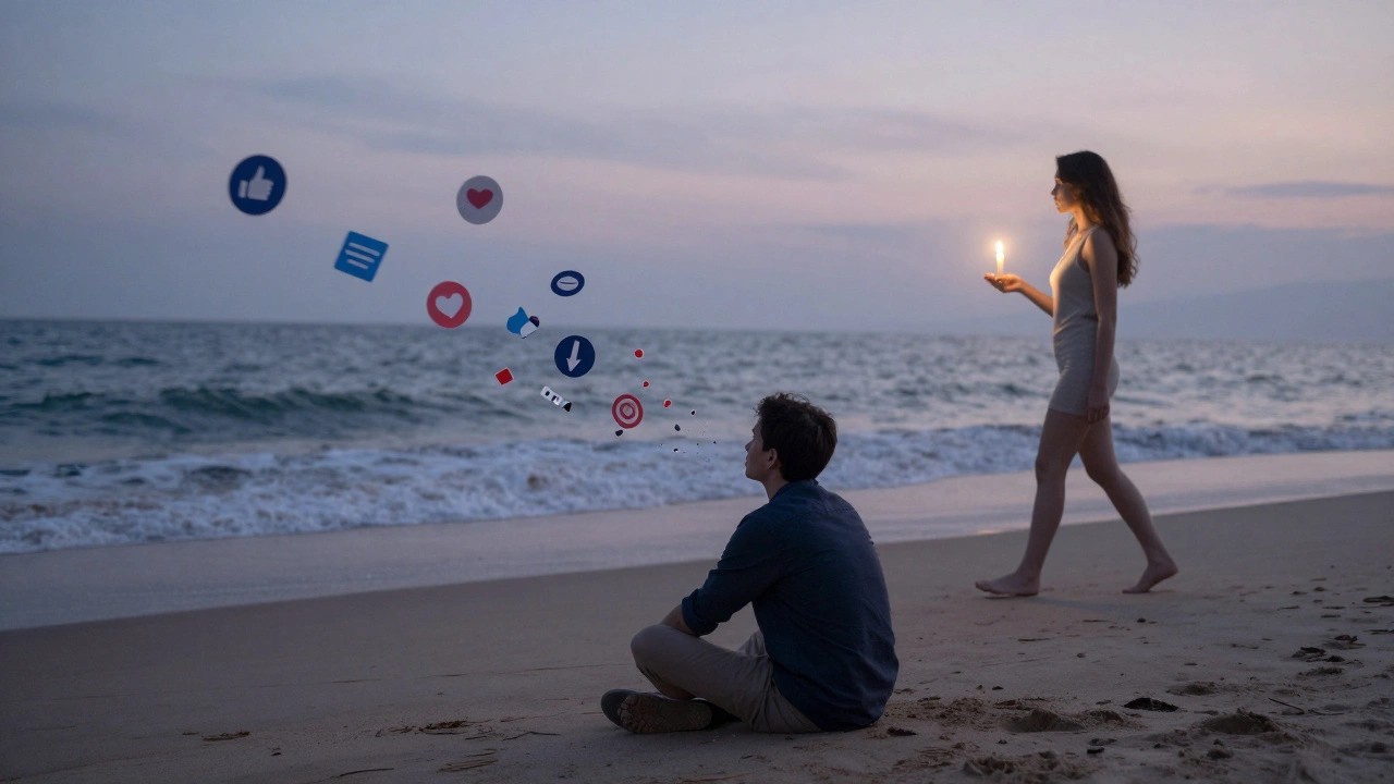 A man on a beach as digital icons fade away, while a real woman walks toward the ocean with a candle.