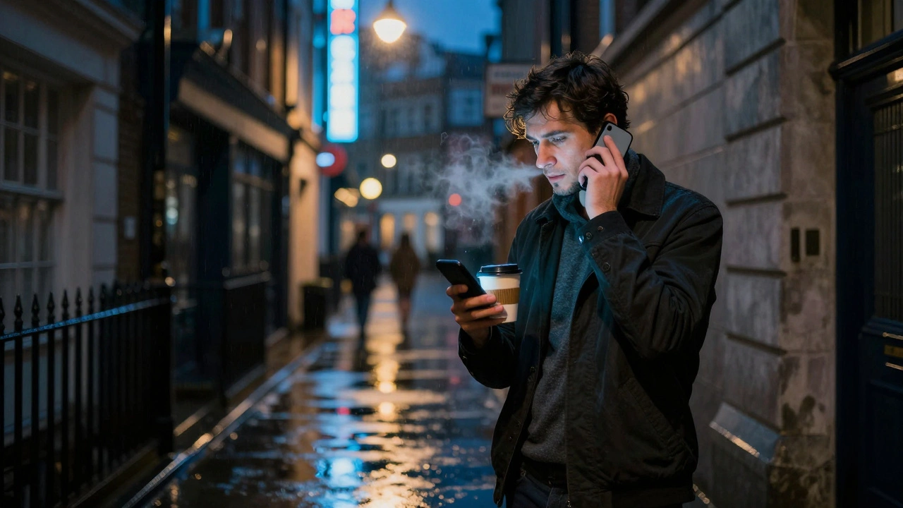 A man standing alone at night under a streetlamp, holding coffee, lost in thought as a voice note plays.