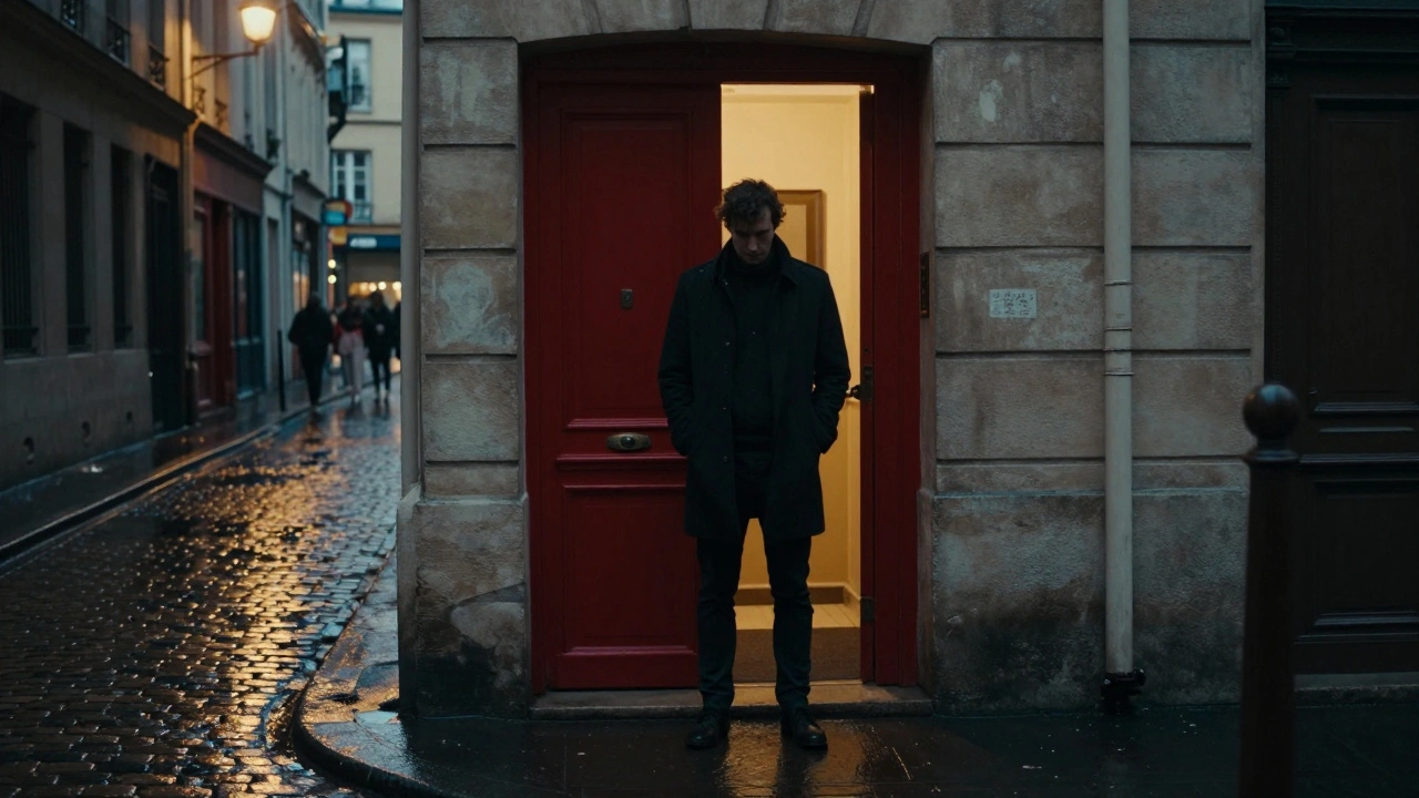 A man standing before a red door in a rainy Paris alley at night, light spilling faintly from inside.