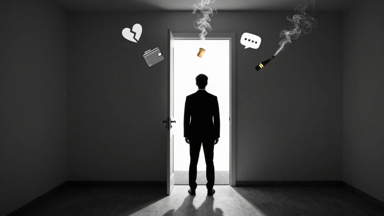 A man stands at a hotel room door, shadows and abstract symbols floating around him, representing emotional release and clarity.