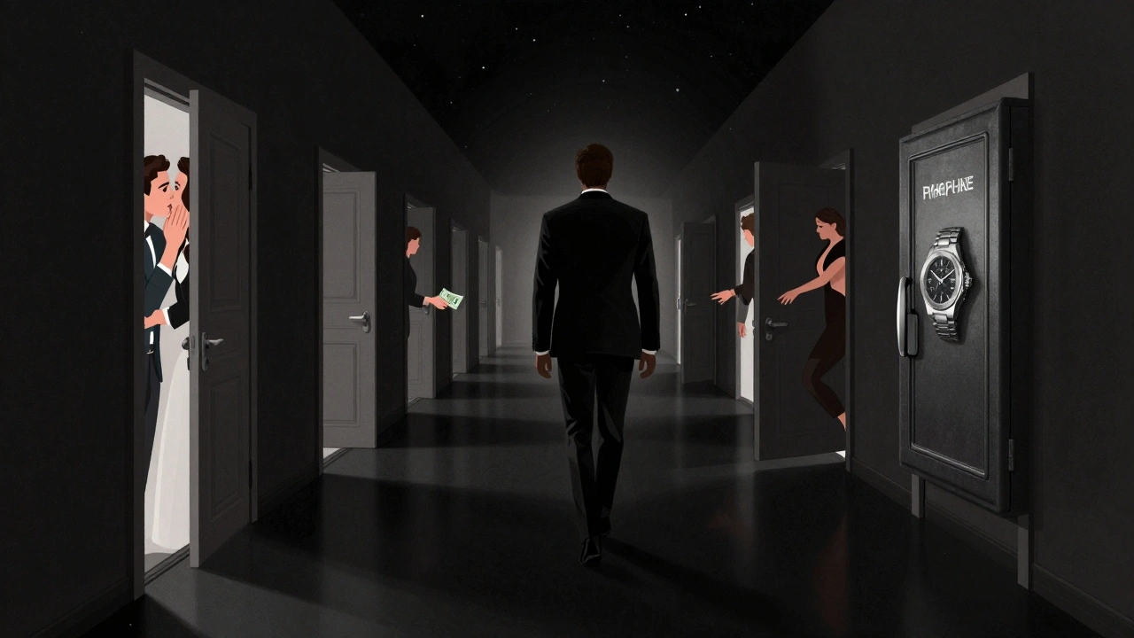 A man walking through a surreal hallway of floating doors, each revealing fragments of intimate luxury moments.