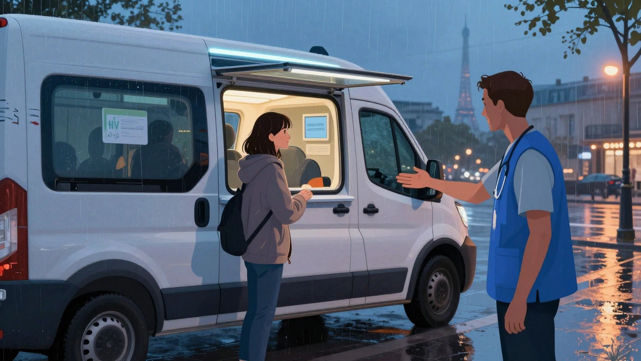 A mobile HIV testing van near a train station at dusk.