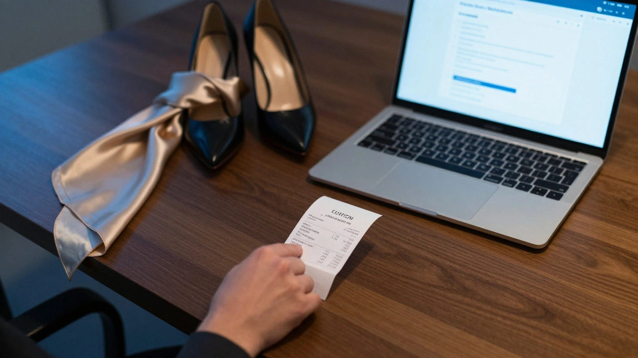 A payment receipt and high-heeled shoe on a wooden table beside a closed laptop, symbolizing discreet, professional arrangements in London.