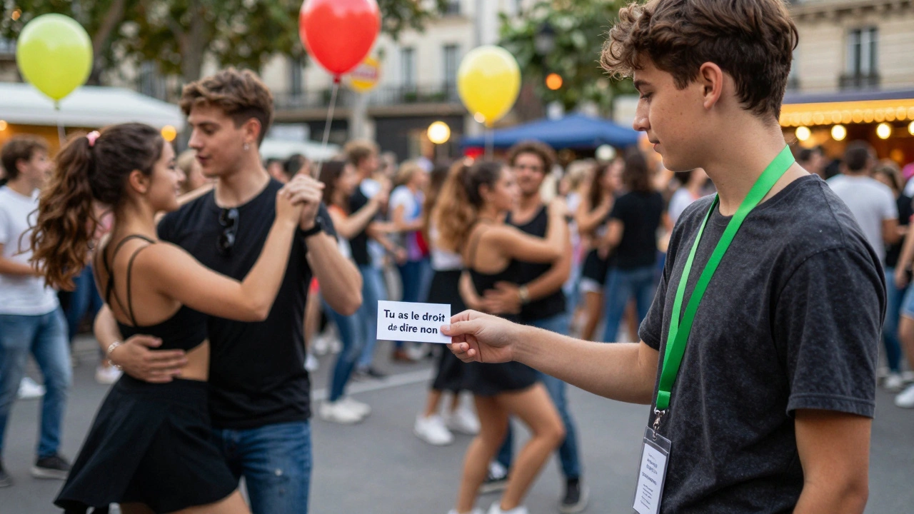 A student volunteer in a green lanyard offers a consent card to a group at a Paris music festival.