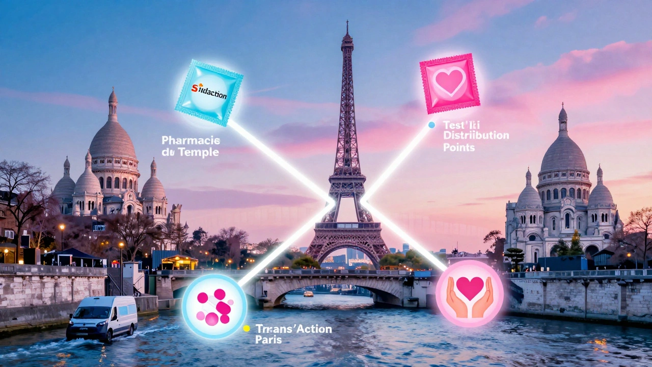 A stylized map of Paris showing connected LGBTQ+ health services with symbolic icons glowing along the Seine.