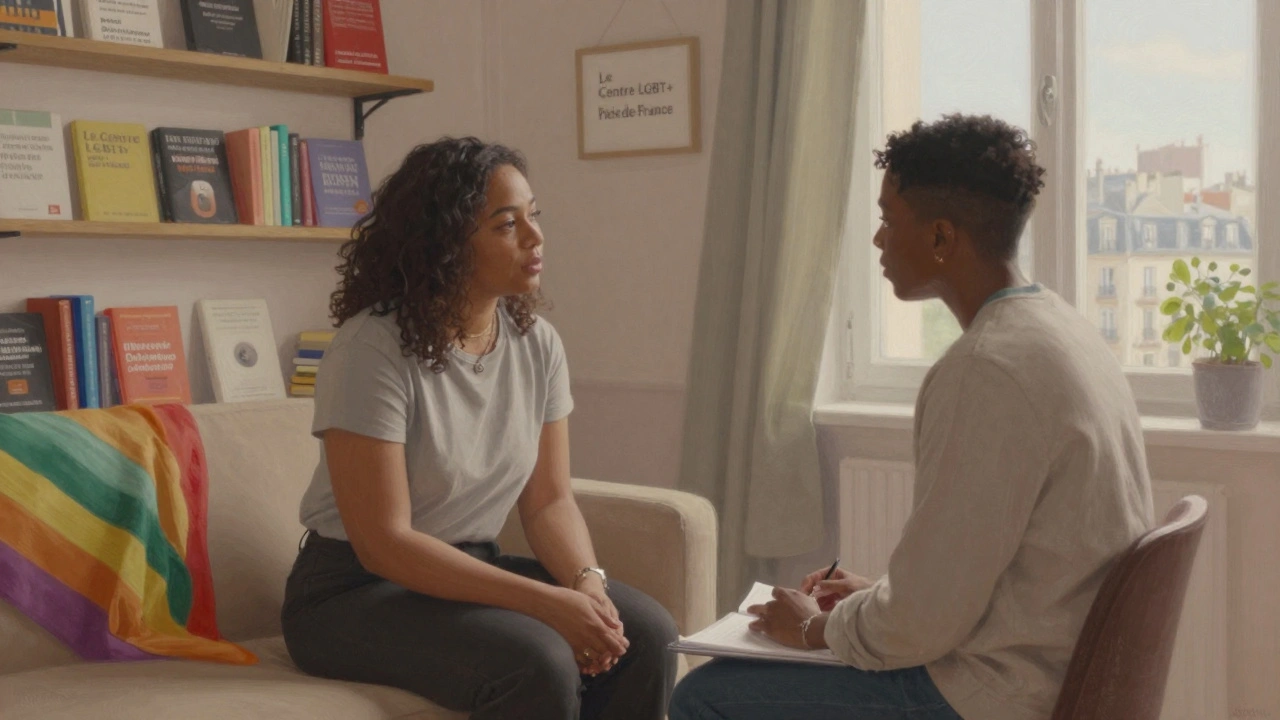 A transgender woman receiving compassionate care from a non-binary counselor in a warm, book-lined clinic room in Paris.