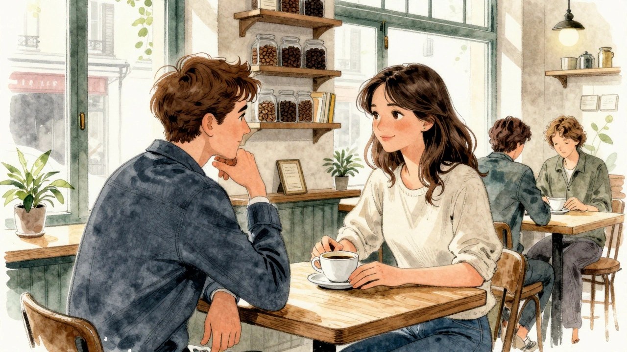 A woman at La Caféothèque calmly signaling comfort limits through body language during a date.