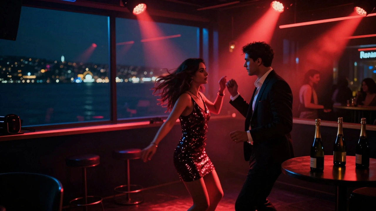 A woman dancing fiercely on a neon-lit nightclub floor with the Bosphorus glowing behind her.
