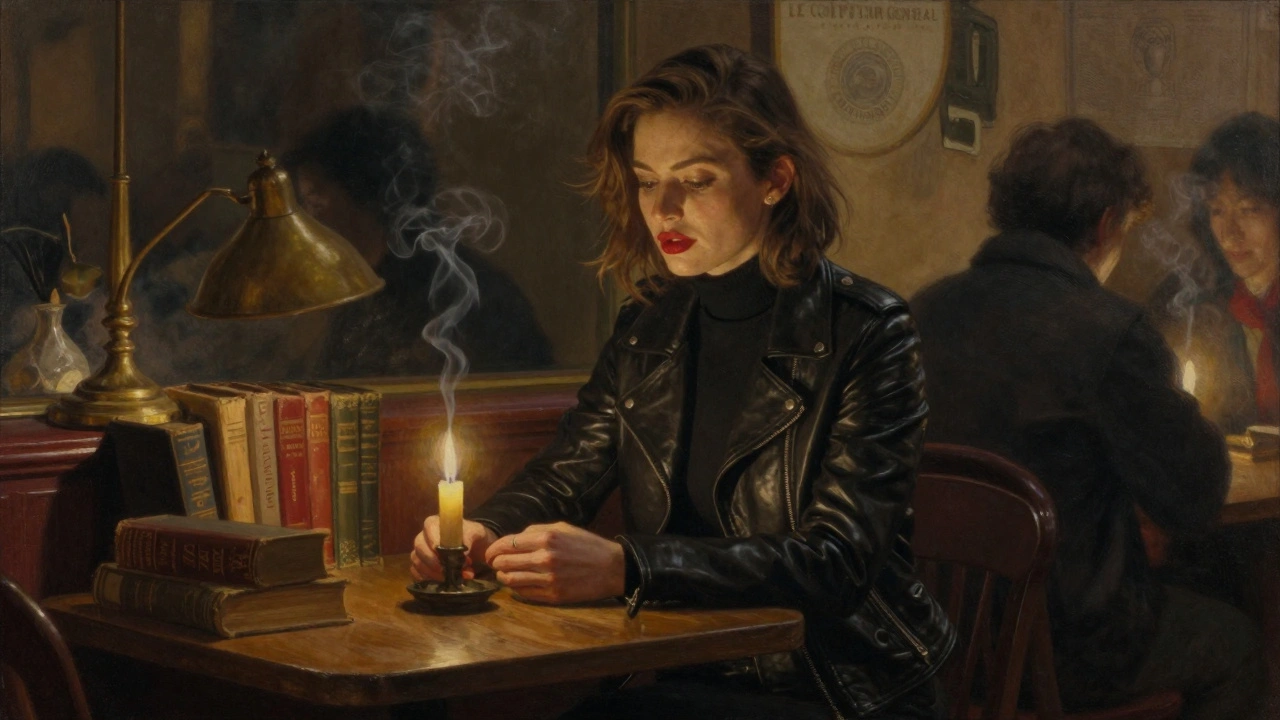 A woman in a leather jacket and turtleneck sits at a vintage table in a dim Paris bar, surrounded by books and warm candle glow.