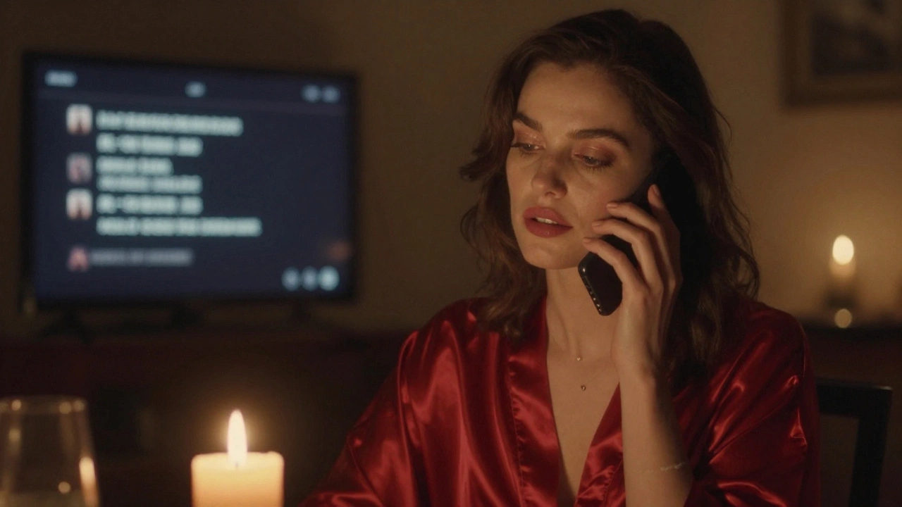 A woman in a silk robe speaking into a phone, candlelight casting warm shadows in a quiet nighttime room.