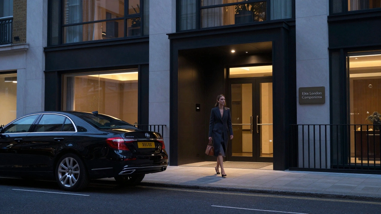 A woman in a tailored coat walks confidently toward a private entrance in Marylebone, a discreet agency sign barely visible in the twilight.