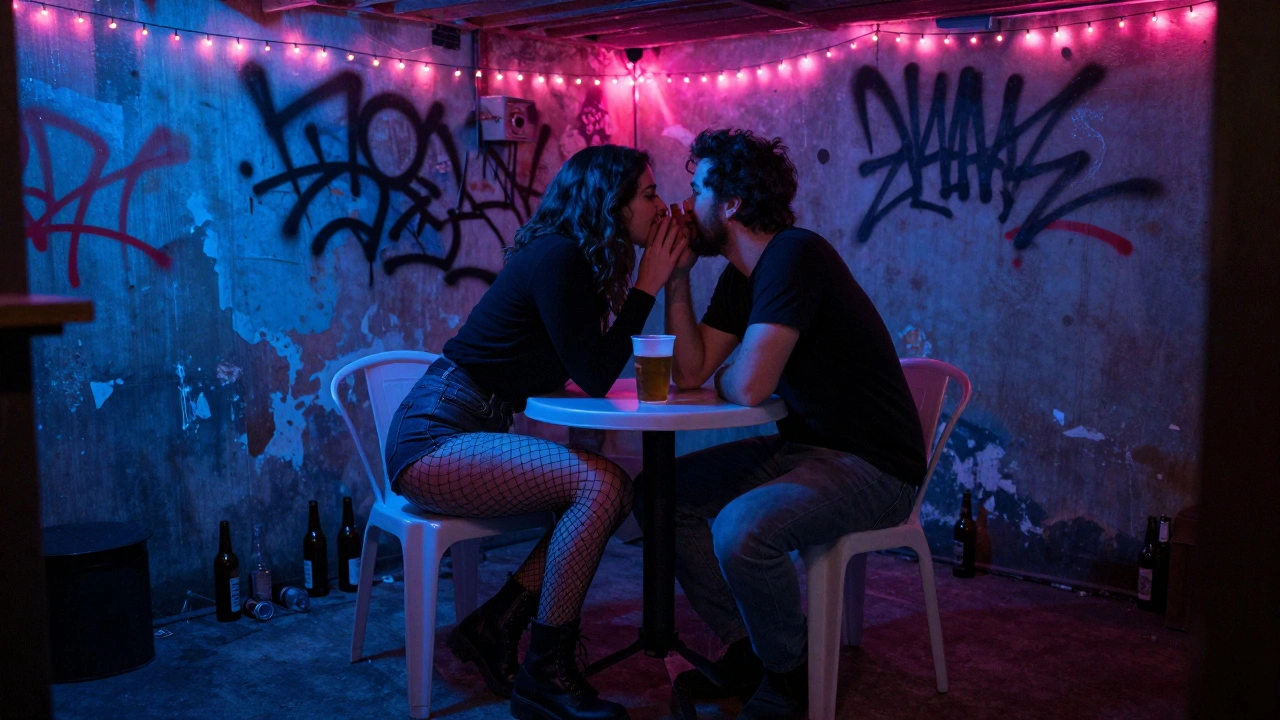 A woman in fishnets whispers to a man in a dim basement bar, holding a paper cup of beer.