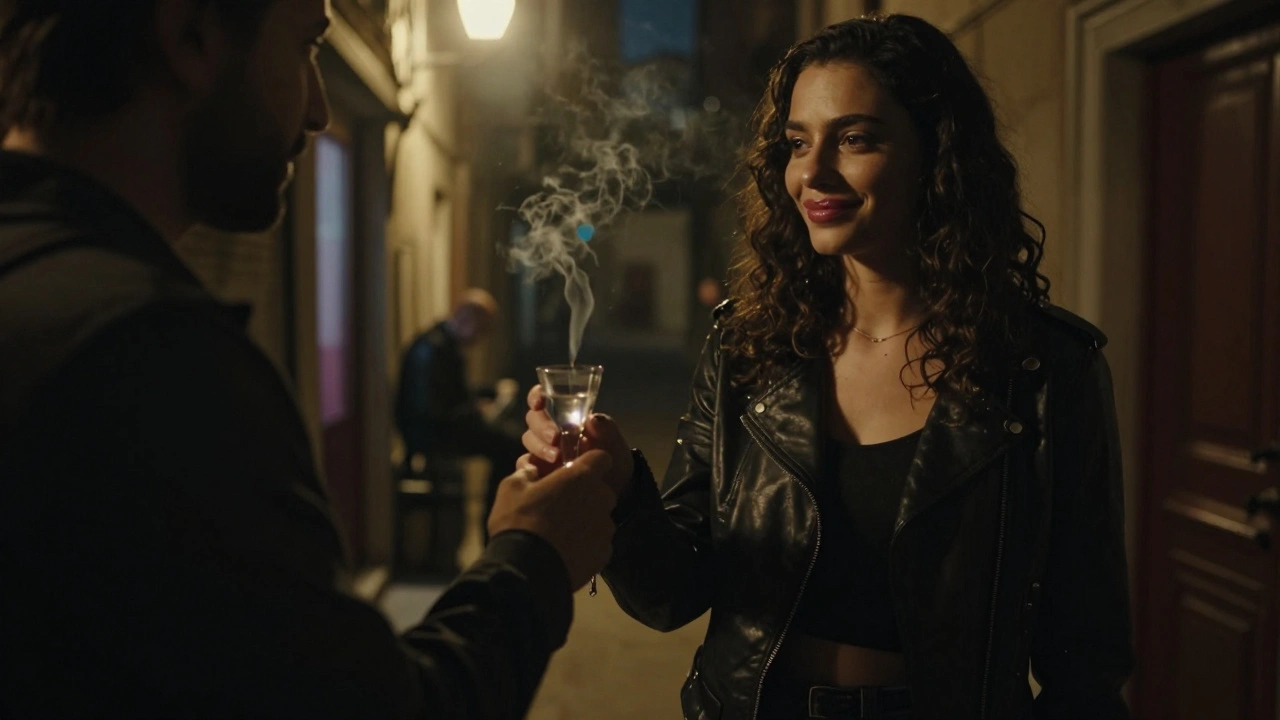 A woman offering raki to a man in a shadowy Beşiktaş alley, city lights glowing behind them.