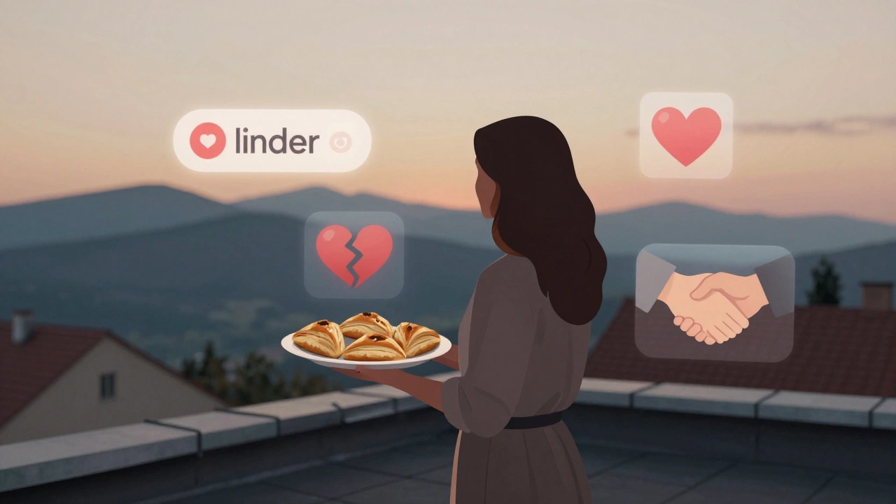 A woman on a Sofia rooftop at sunset, holding traditional food as symbolic images float around her.