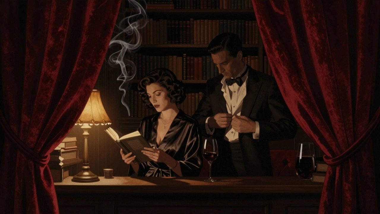 A woman reads Proust in a dim underground lounge as she undoes a man&#039;s shirt in a hidden speakeasy.