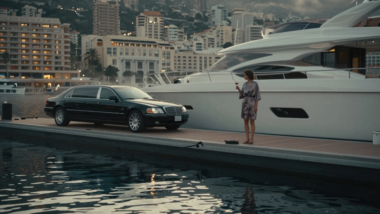 A woman standing alone on a private yacht at dawn, overlooking Monaco’s harbor with a glass of champagne.
