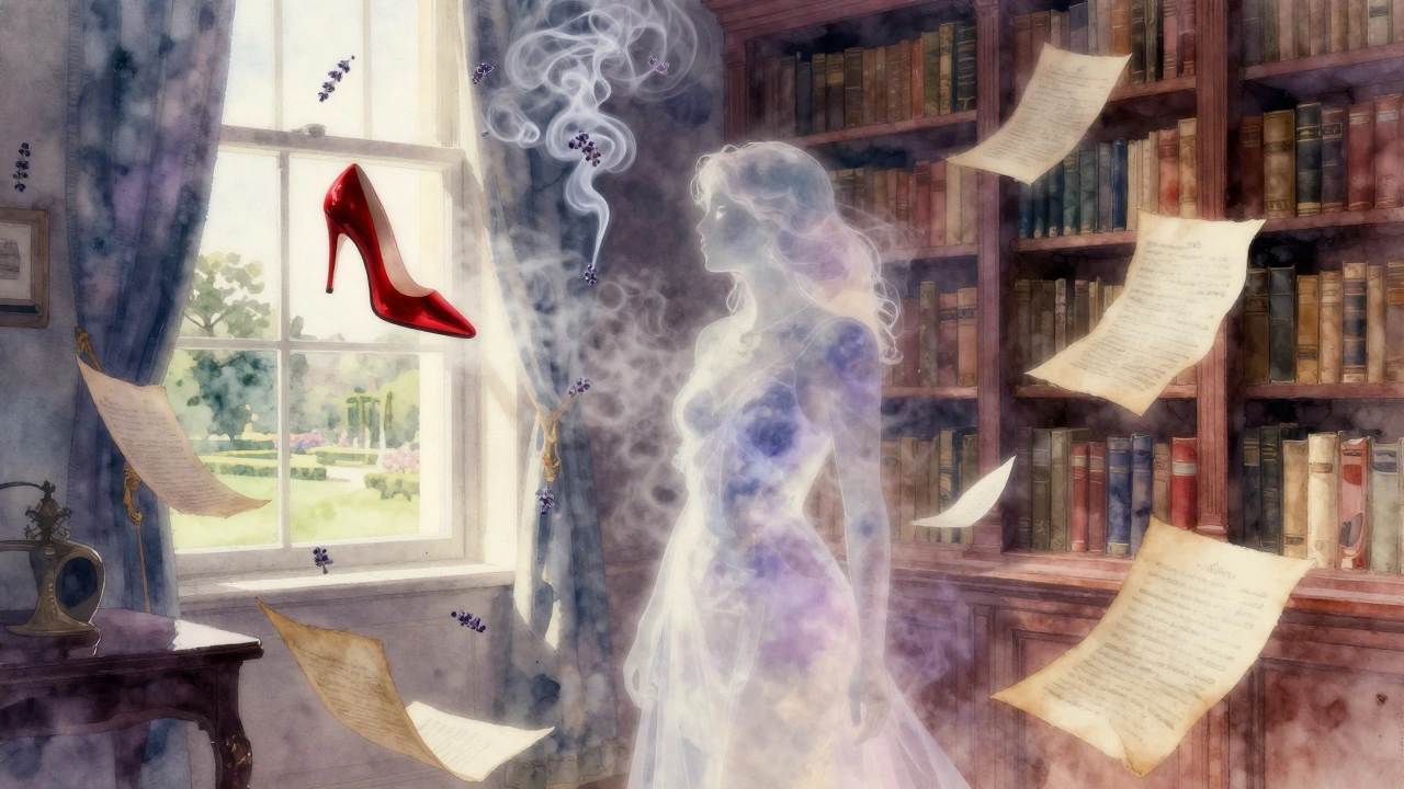 An abstract image of a woman surrounded by scent and memory, with a floating red heel.
