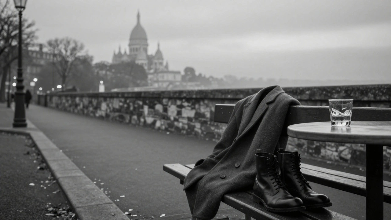 An empty Paris street at 3 a.m. with a coat and boots left on a bench, mist rising, evoking solitude and quiet elegance.