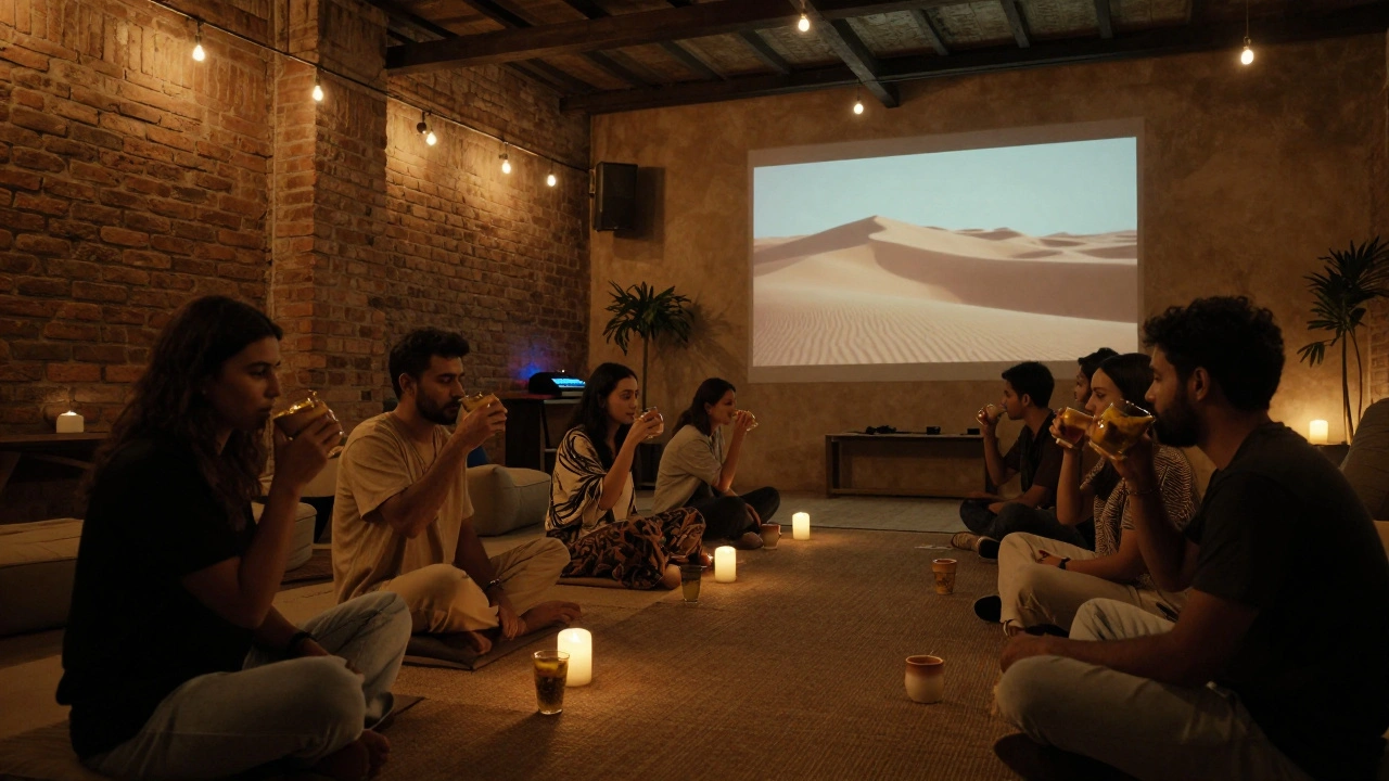An industrial lounge in Alserkal with people sipping herbal tonics under soft lights and desert projections.