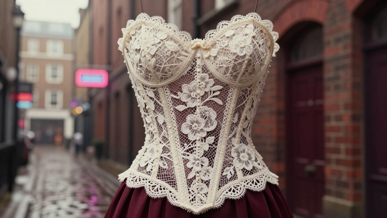 Close-up of intricate lace corset with floral stitching against a blurred London alleyway.