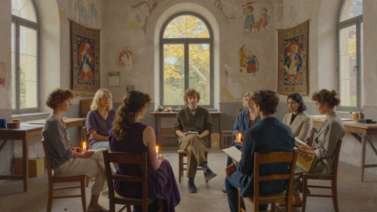 Couples in a converted chapel workshop, sharing intimate conversations by candlelight, surrounded by historic architecture.