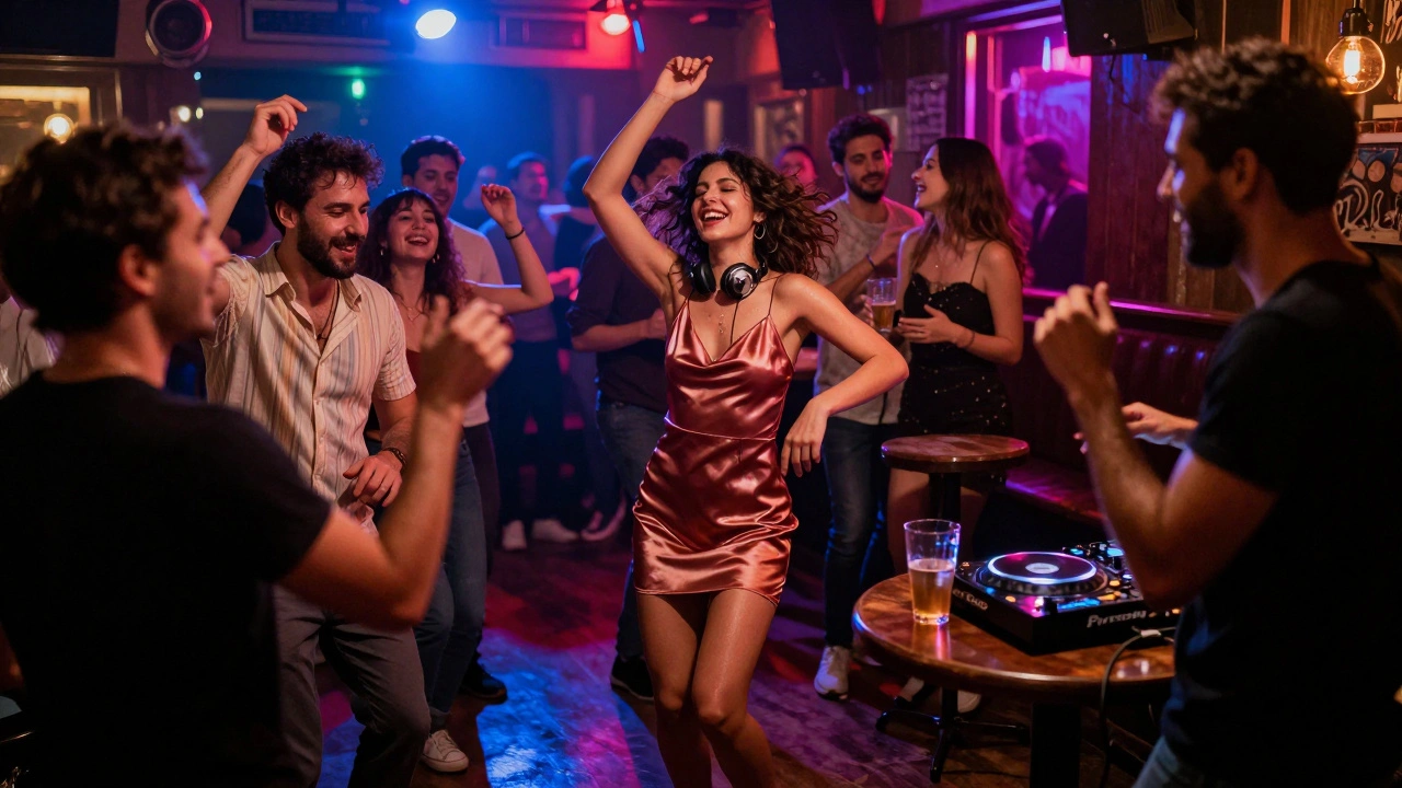 Crowded Kadıköy bar at night with people dancing on tables under neon lights and live music.