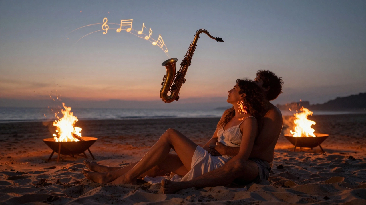 Figures on a beach at dawn, firelight and saxophone notes glowing in the air, sand and twilight blending in surreal harmony.