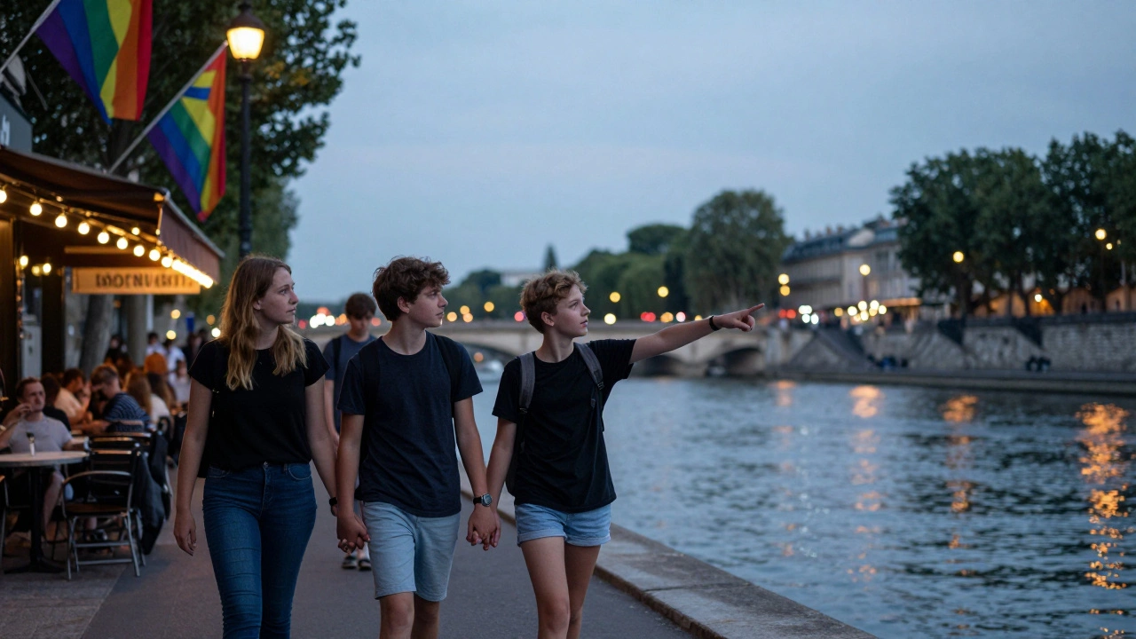 Parent and teen walking along Seine at dusk, rainbow flags visible in background.