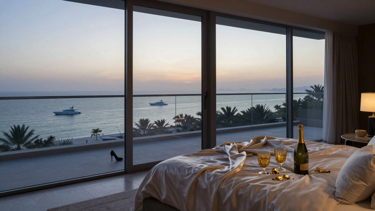 Private villa balcony at dawn overlooking Dubai's ocean, empty champagne glasses and disheveled bedding inside.